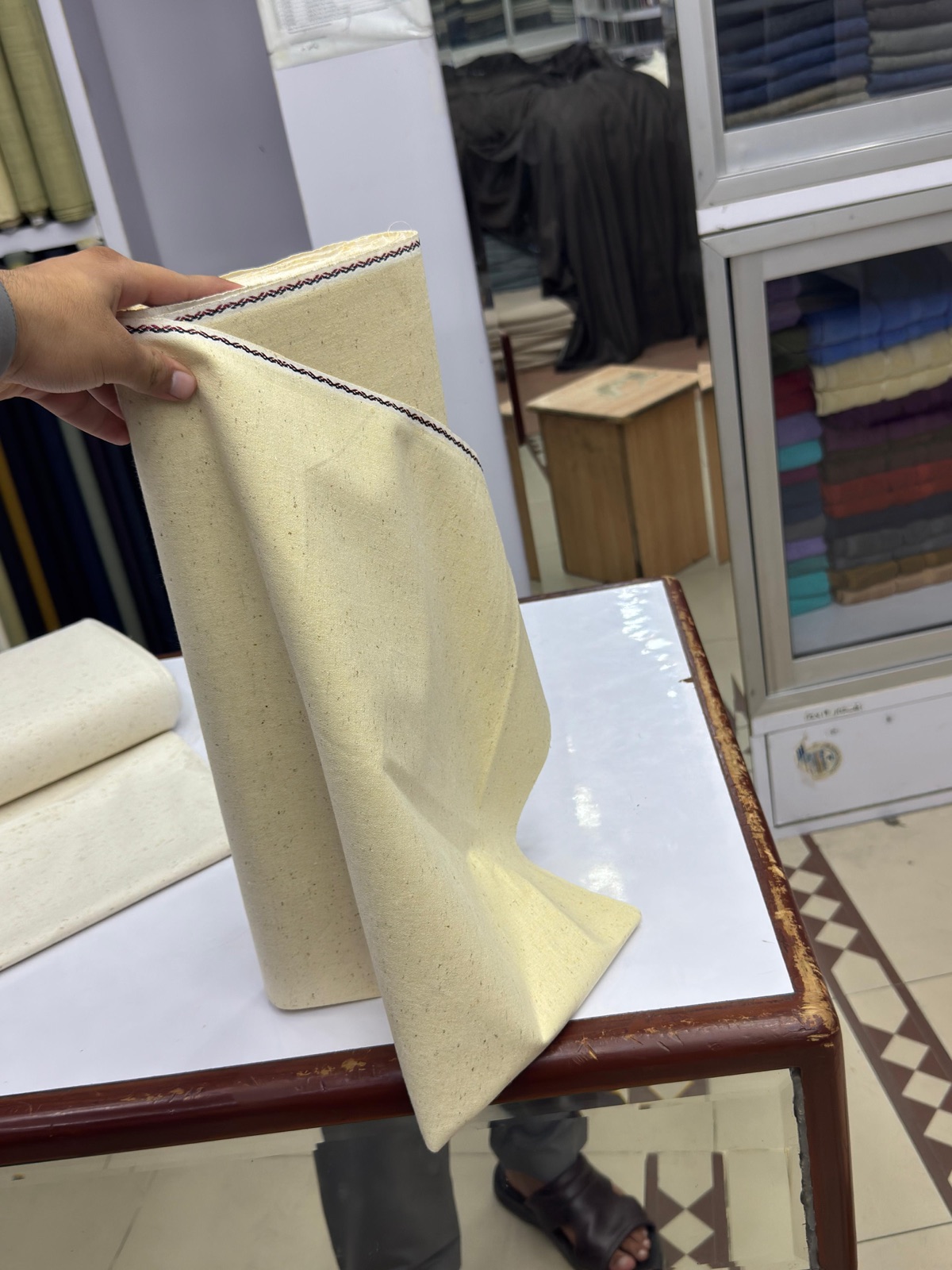 Men's premium Karandi fabric shown draped